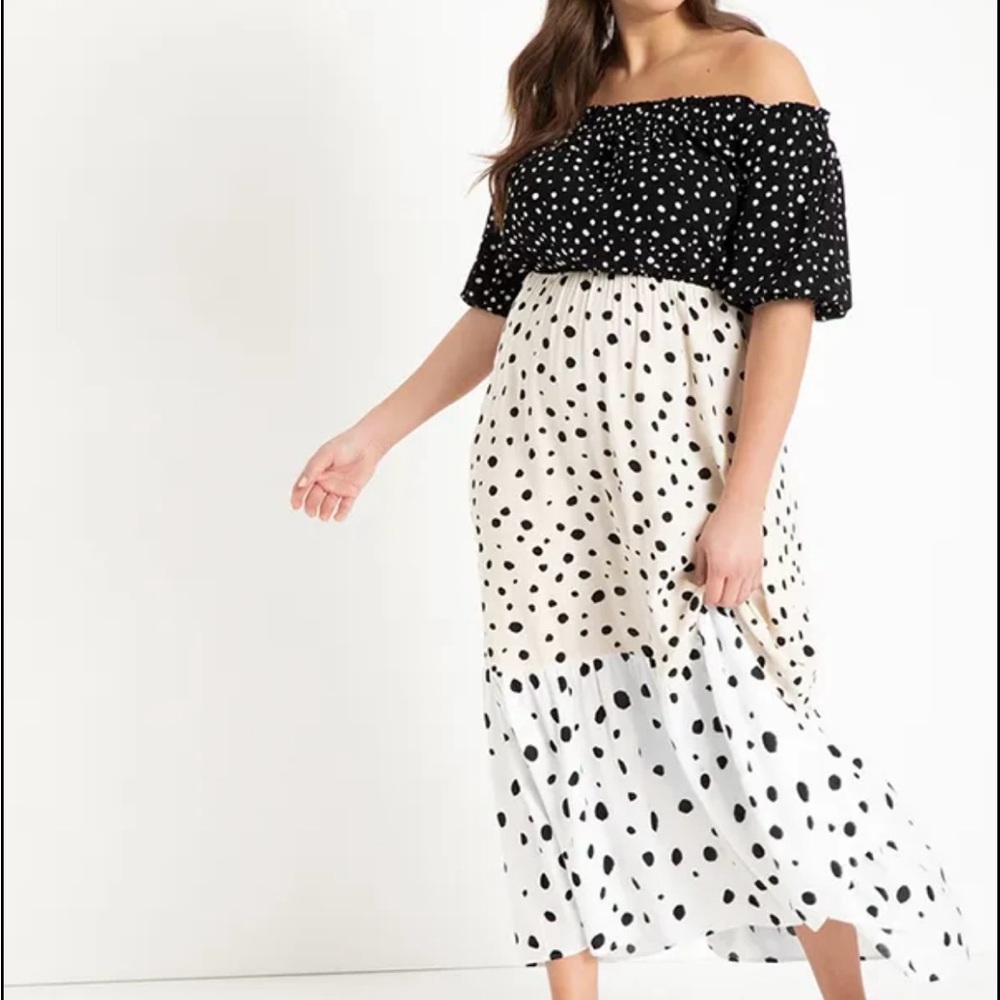 Eloquii Black and White Polka Dot Off-Shoulder Maxi Dress - Mixed Dot Tiers